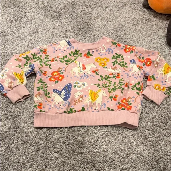 VGUC Mini Boden Printed Relaxed Sweatshirt Vintage Pink Enchanted Unicorn Sz 5/6 - Picture 2 of 8